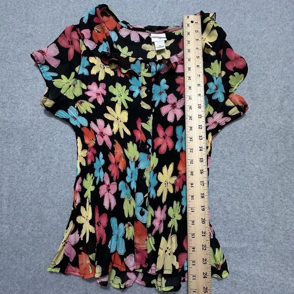 Vintage Funky Women Top XL Black Bright Floral Micro Pleat Crinkle Retro Mod Y2K - Picture 11 of 14